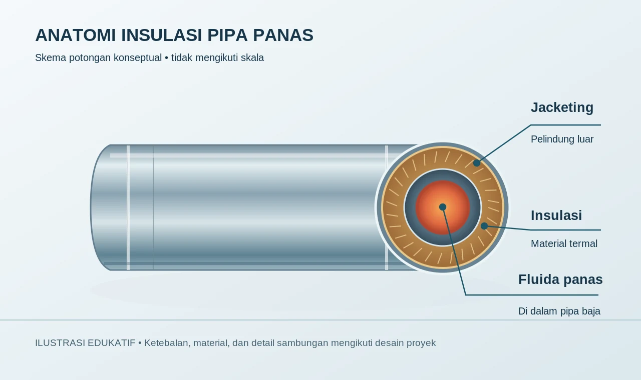 Potongan konseptual pipa panas: jacketing aluminium, material insulasi, pipa baja dan fluida panas