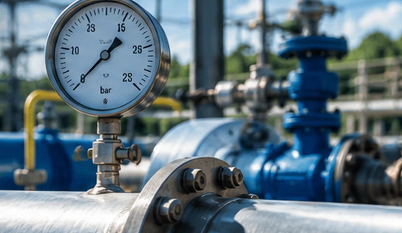 Ilustrasi AI peralatan pipa industri dan pressure gauge untuk persiapan hydrotest