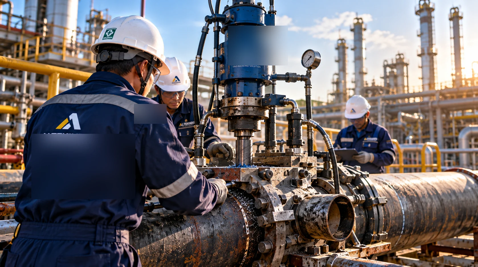 Ilustrasi AI tim engineering dengan peralatan hot tapping pada pipa industri