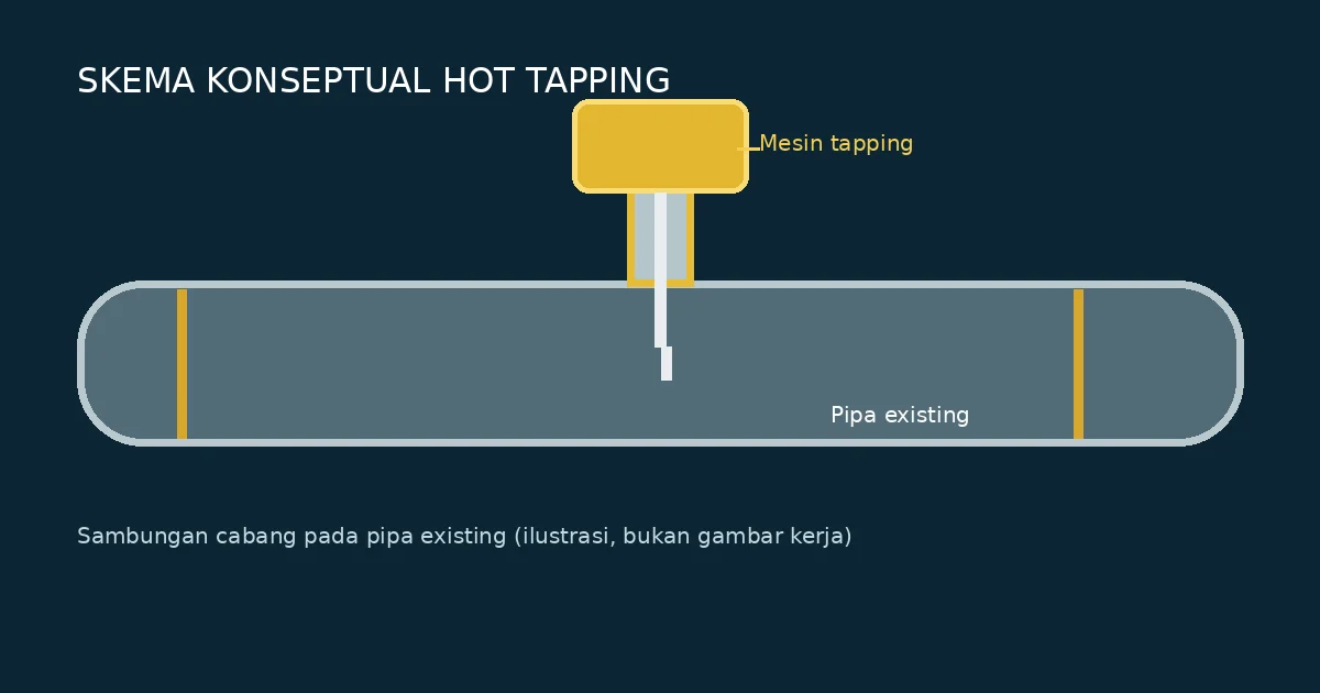 Skema konseptual mesin hot tapping, sambungan cabang, dan pipa existing