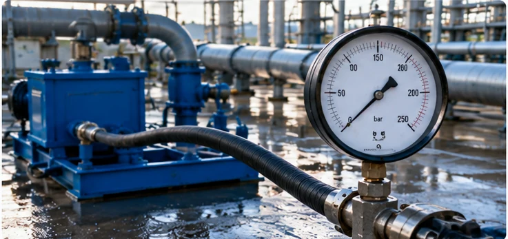 Ilustrasi peralatan hydrostatic test dengan pompa pengujian, pressure gauge, selang dan jalur pipa