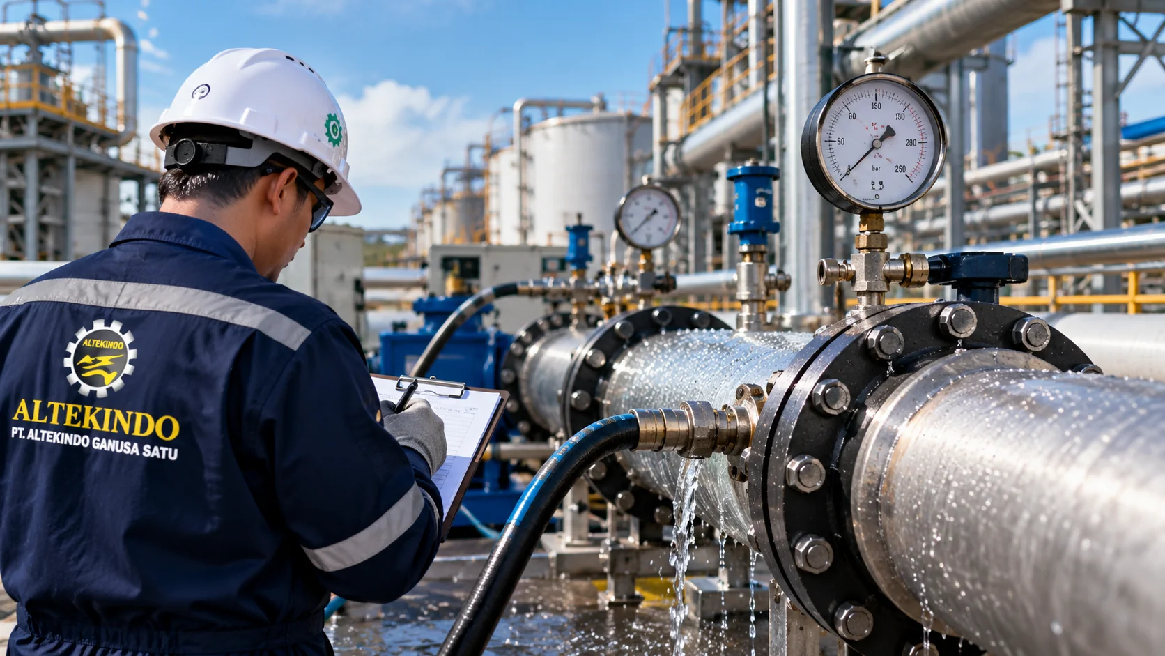 Ilustrasi jasa hydrotest pipa dan pipeline dengan pressure gauge, sambungan flange dan teknisi inspeksi