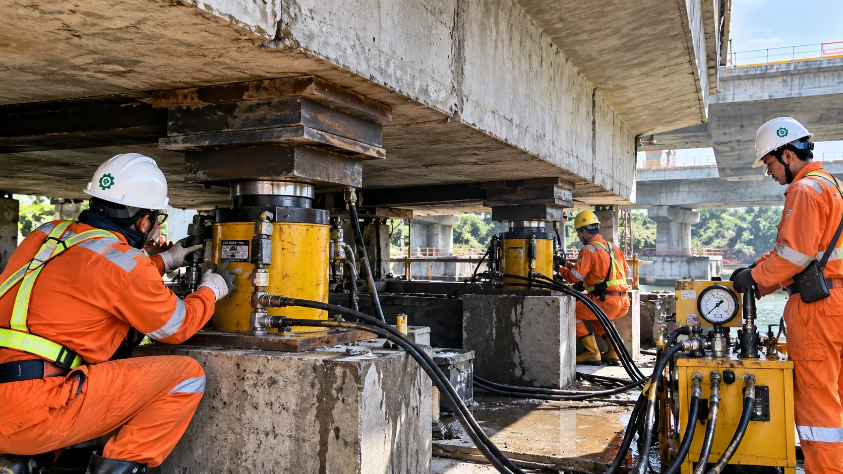 Ilustrasi AI pekerjaan hydraulic jacking di bawah struktur jembatan dengan peralatan dongkrak hidrolik dan pekerja ber-APD