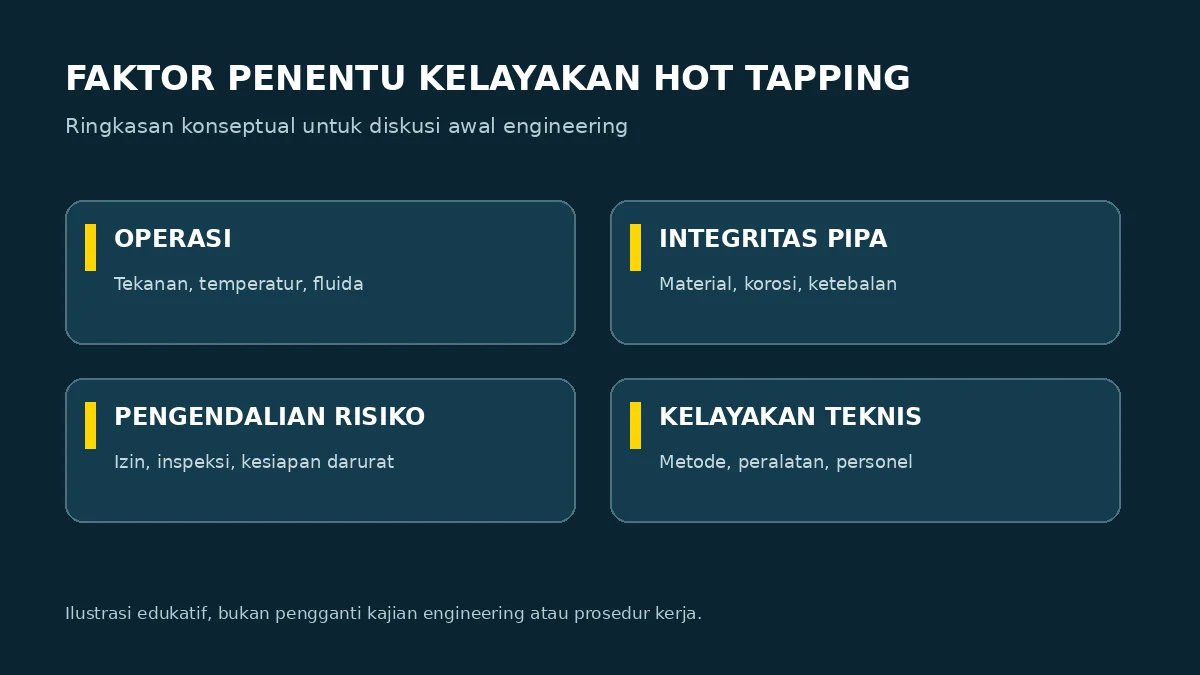 Infografik konseptual pertimbangan operasi, integritas pipa, risiko, dan kelayakan hot tapping