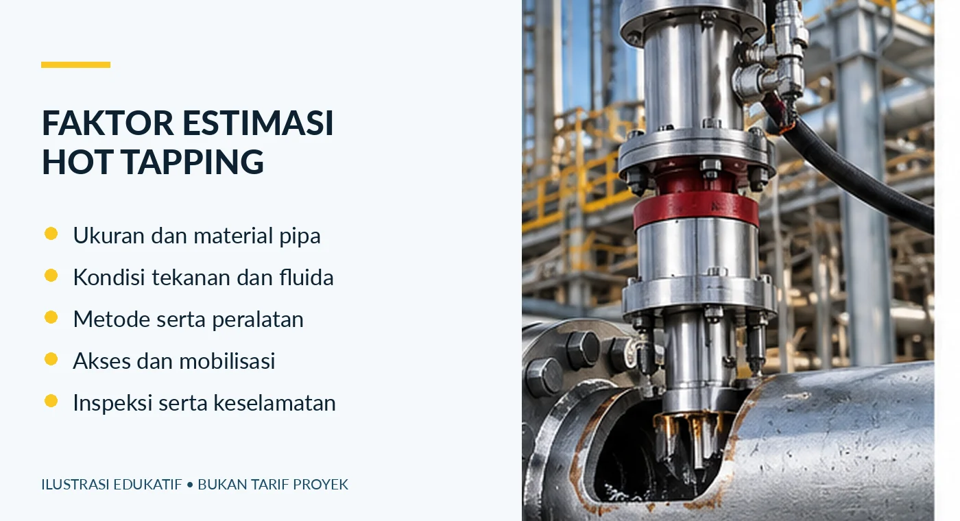 Faktor estimasi biaya hot tapping per inch meliputi ukuran pipa kondisi tekanan peralatan akses dan keselamatan