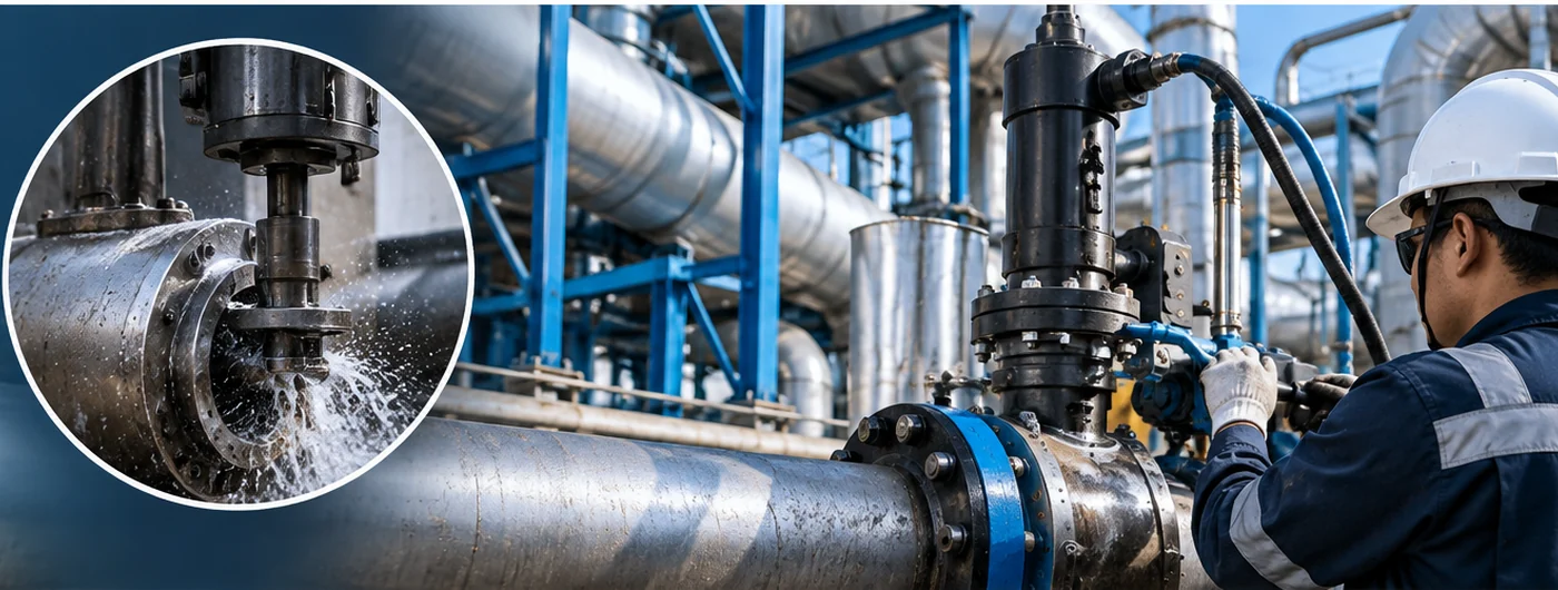 Ilustrasi proses hot tapping pada jaringan pipa chiller industri dengan teknisi dan peralatan tapping