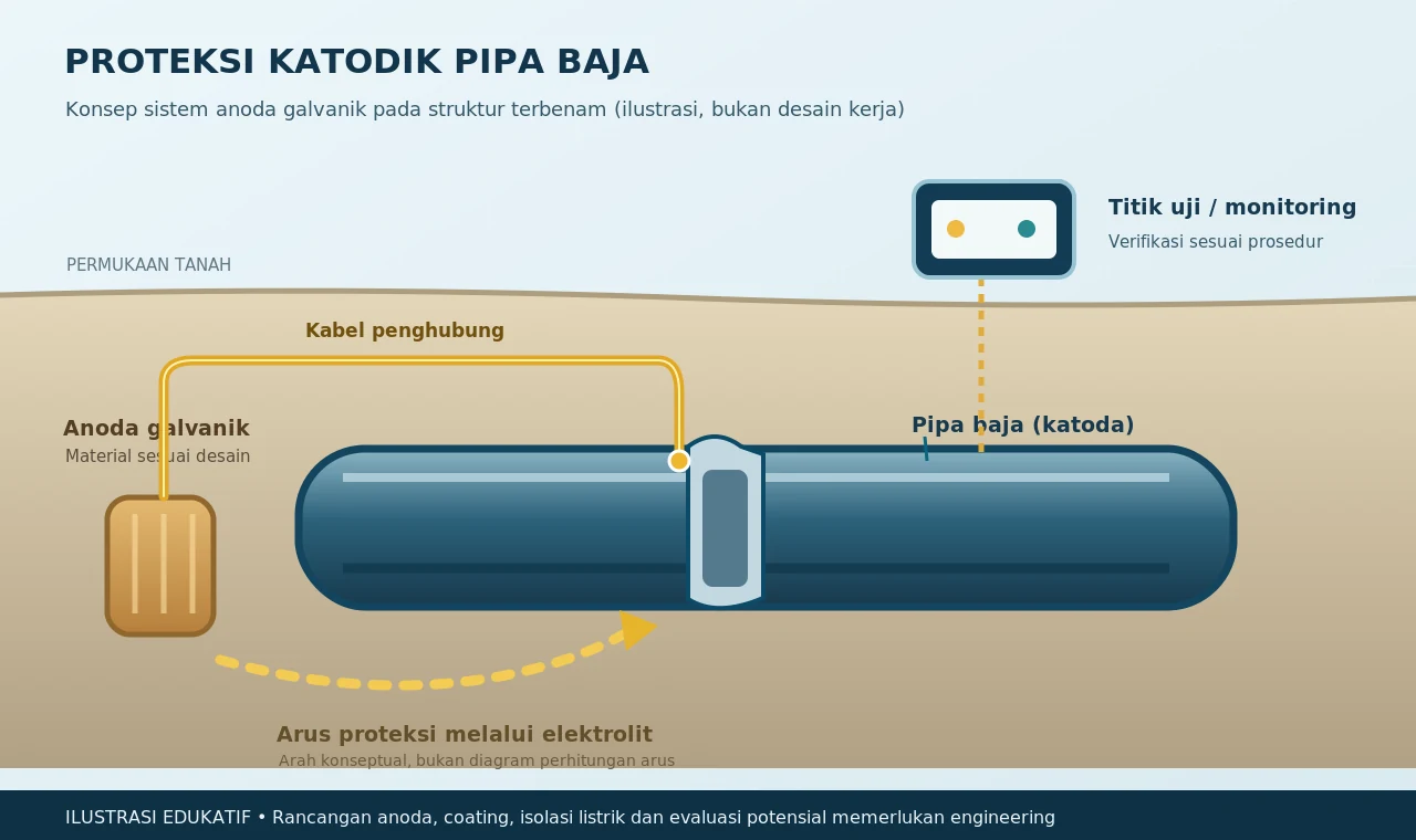 Diagram edukatif proteksi katodik anoda galvanik dengan pipa baja sebagai katoda, kabel dan arus melalui tanah