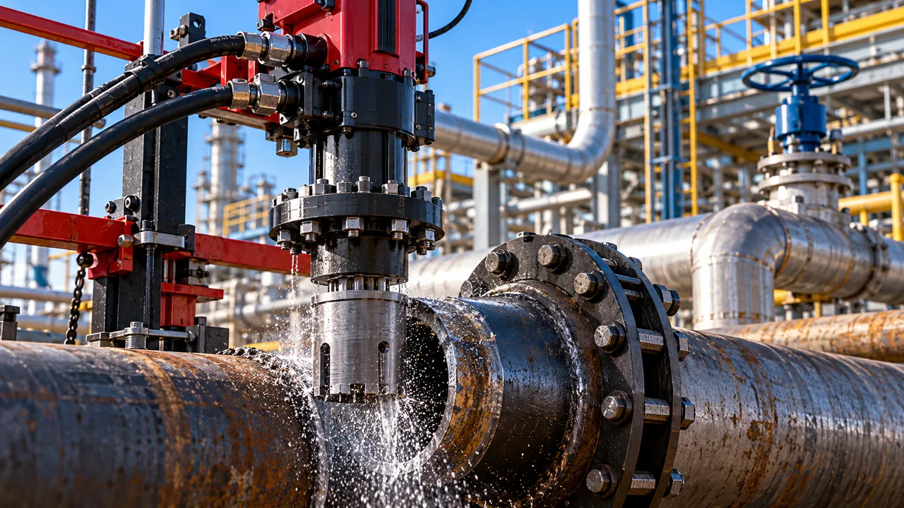 Ilustrasi dekat mesin hot tapping, fitting dan valve pada sambungan pipa proses industri