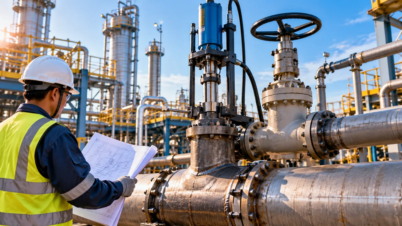 Ilustrasi insinyur meninjau rancangan sambungan hot tapping pada jaringan pipa industri