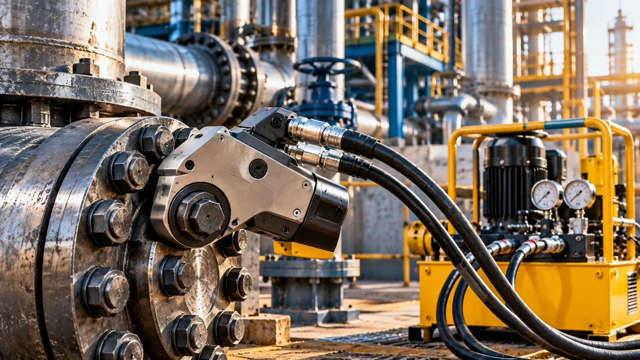 Ilustrasi hydraulic torque wrench pada baut flange pipa industri dengan hydraulic power pack dan selang tekanan tinggi