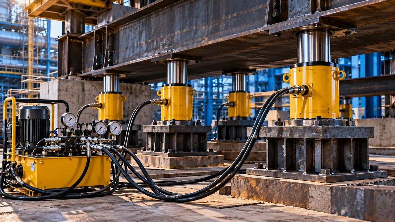 Ilustrasi konseptual sejumlah hydraulic jack dan power pack yang menopang struktur baja pada pekerjaan pengangkatan terkontrol