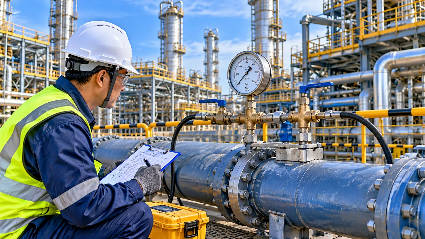 Ilustrasi teknisi mengevaluasi jalur pipa dan instrumentasi untuk perencanaan pneumatic test industri