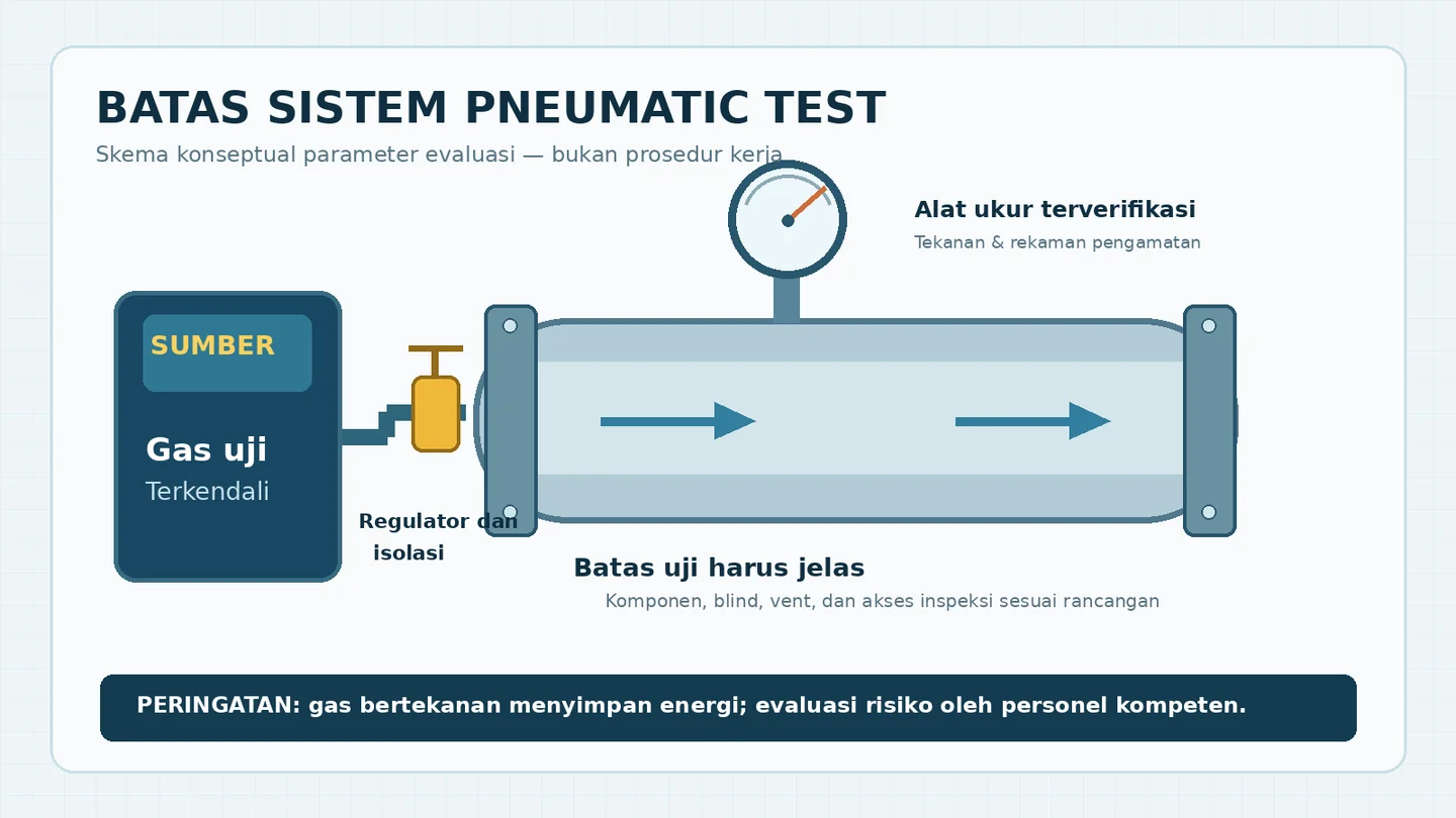 Diagram konseptual batas sistem uji pneumatik: sumber gas, regulator, isolasi, instrumen dan jalur pipa