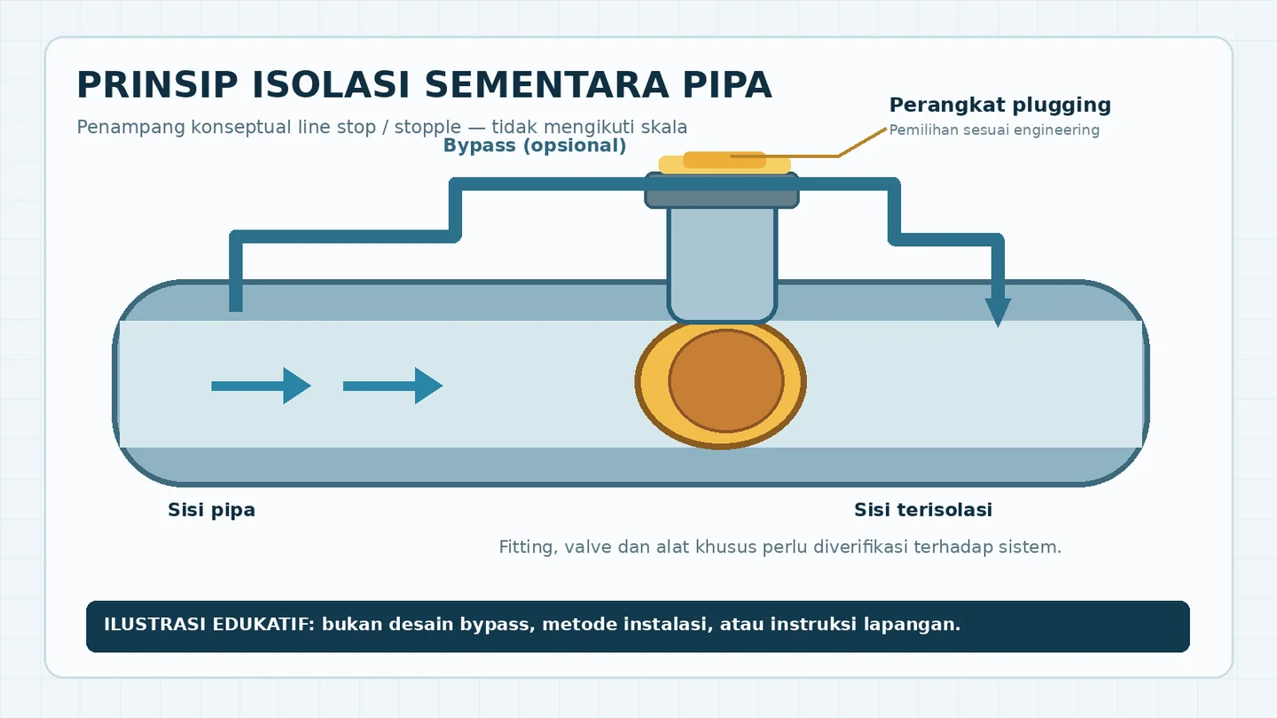 Diagram edukatif konsep isolasi sementara pipa menggunakan perangkat plugging serta jalur bypass jika diperlukan