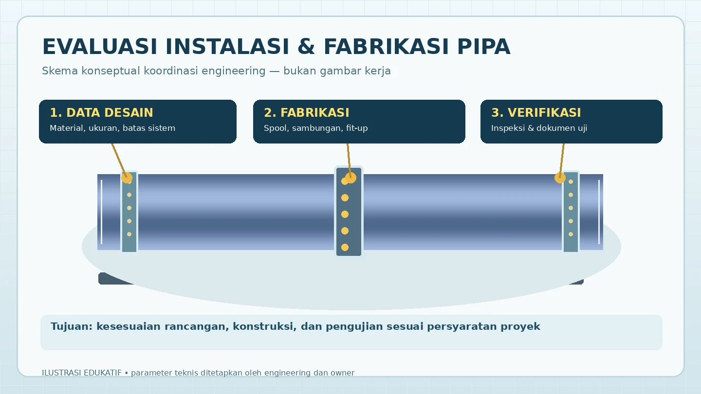 Diagram edukatif konsep evaluasi desain, fabrikasi dan verifikasi instalasi pipa industri