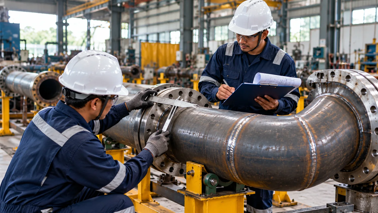 Ilustrasi edukatif teknisi memeriksa alignment flange dan spool pipa industri di area fabrikasi