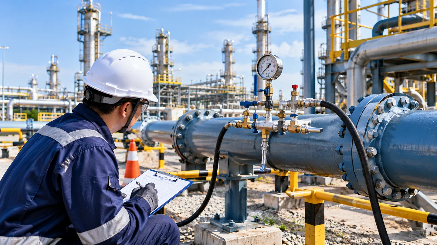 Ilustrasi konsep instrumen tekanan dan sistem perpipaan saat peninjauan biaya hydrotest industri