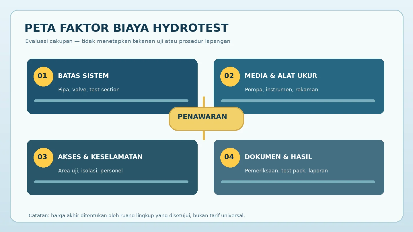 Diagram edukatif empat kelompok faktor estimasi jasa hydrotest: batas sistem, instrumentasi, K3 dan dokumen