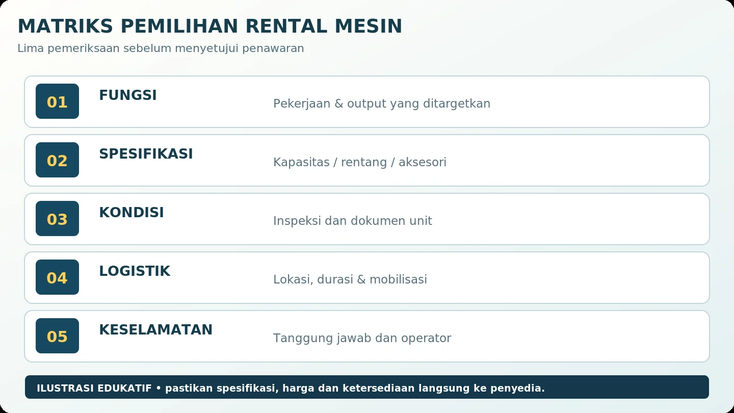 Matriks evaluasi jasa rental mesin industri mencakup spesifikasi, kondisi, logistik dan keselamatan