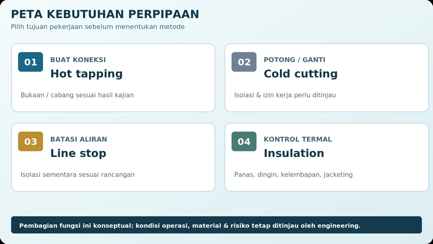 Diagram perbedaan tujuan pekerjaan tapping, pemotongan pipa, isolasi aliran dan insulation