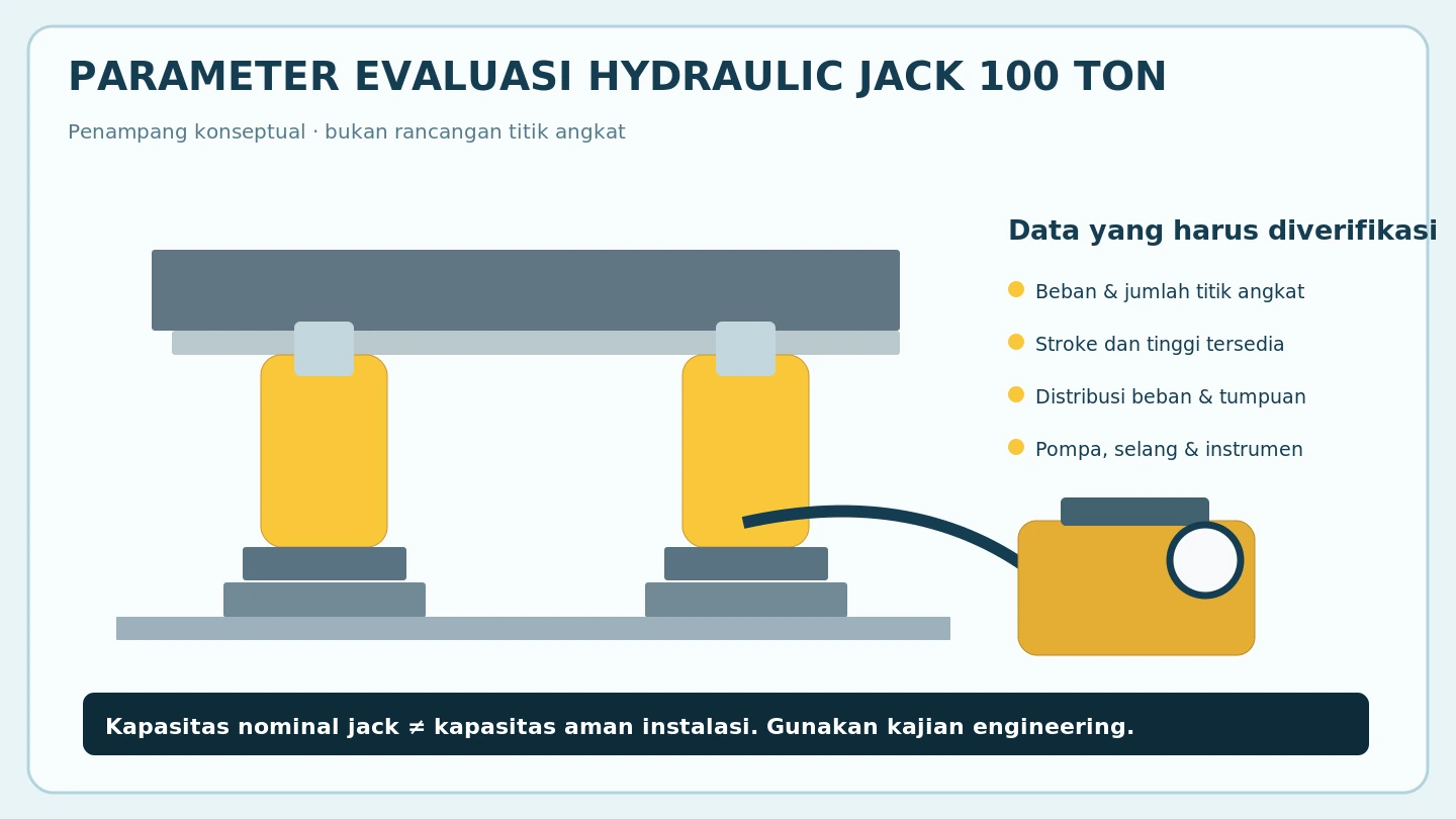 Diagram konseptual hydraulic jack dan parameter evaluasi kapasitas stroke tumpuan pompa