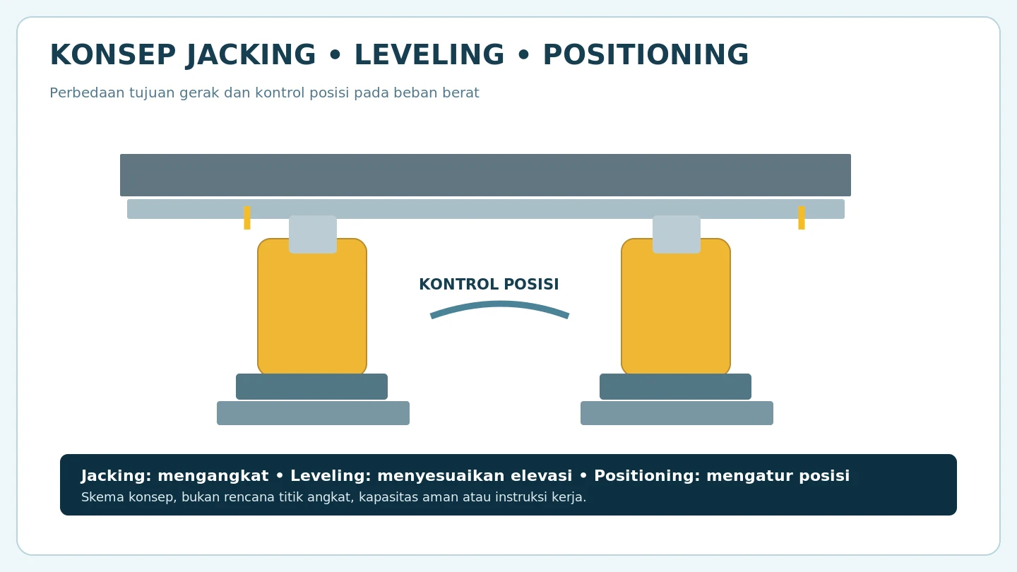 Skema konsep perbedaan lifting jacking, leveling dan positioning struktur berat