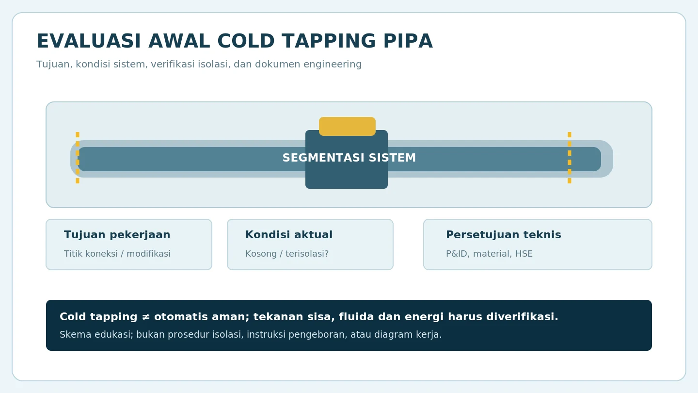 Diagram evaluasi awal cold tapping mencakup tujuan, status sistem, isolasi dan dokumen