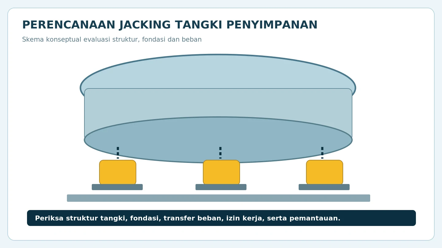 Diagram konseptual evaluasi tangki penyimpanan meliputi fondasi, beban, struktur dan monitoring