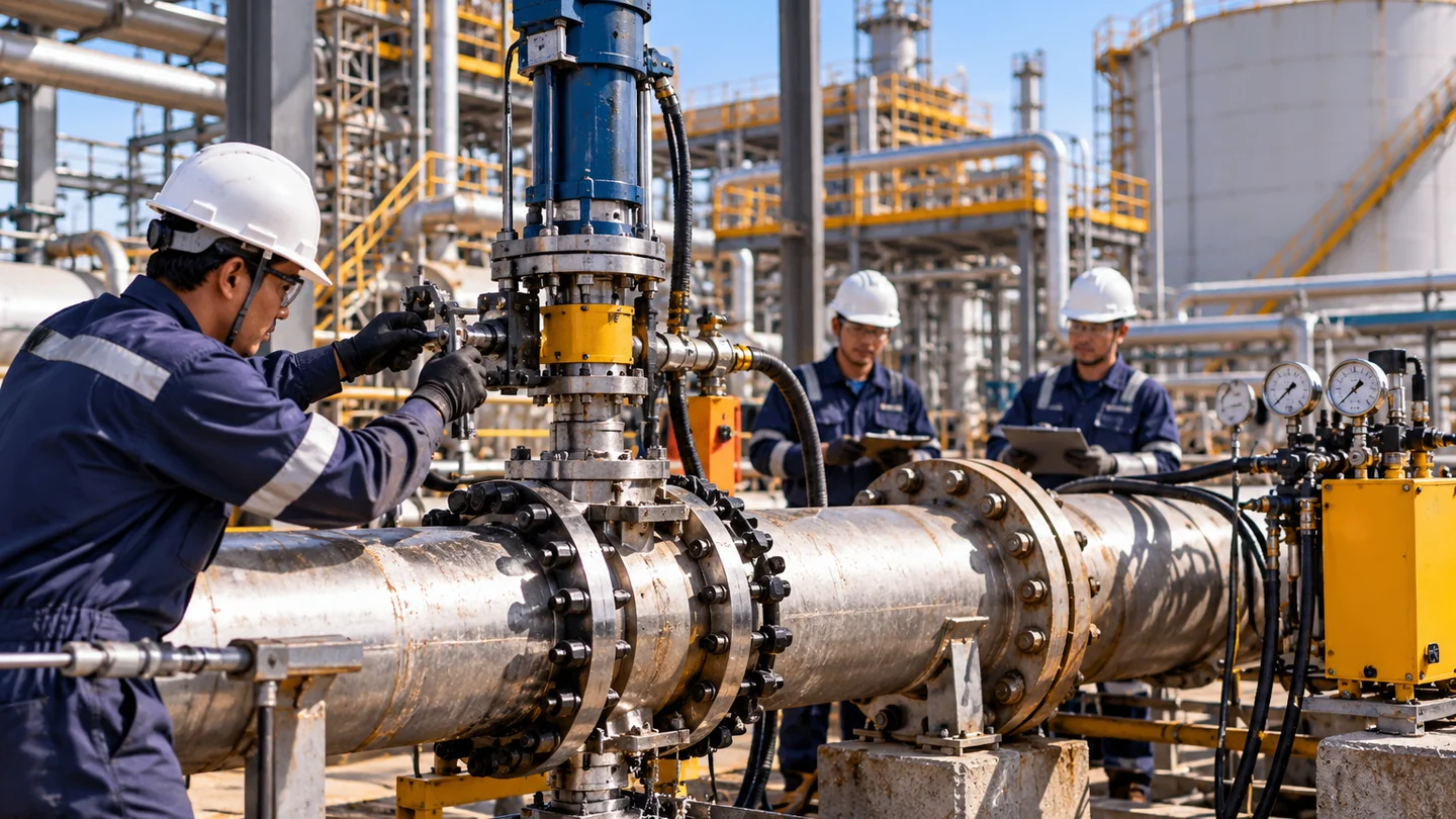 Ilustrasi hot tapping dan line stop pada sistem pipa industri