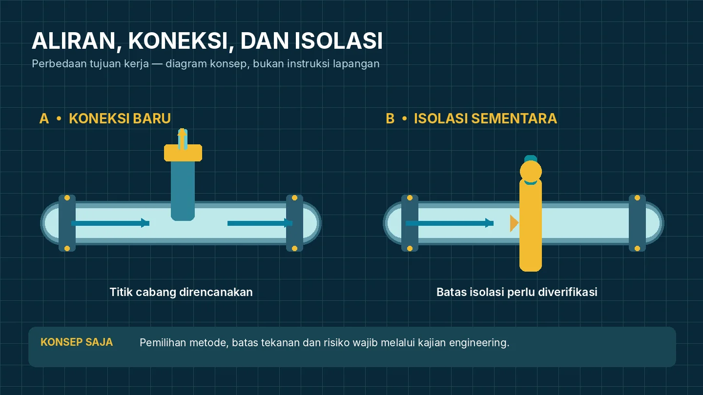 Infografik ilustrasi aliran pipa: koneksi cabang hot tapping dibandingkan batas isolasi sementara line stop