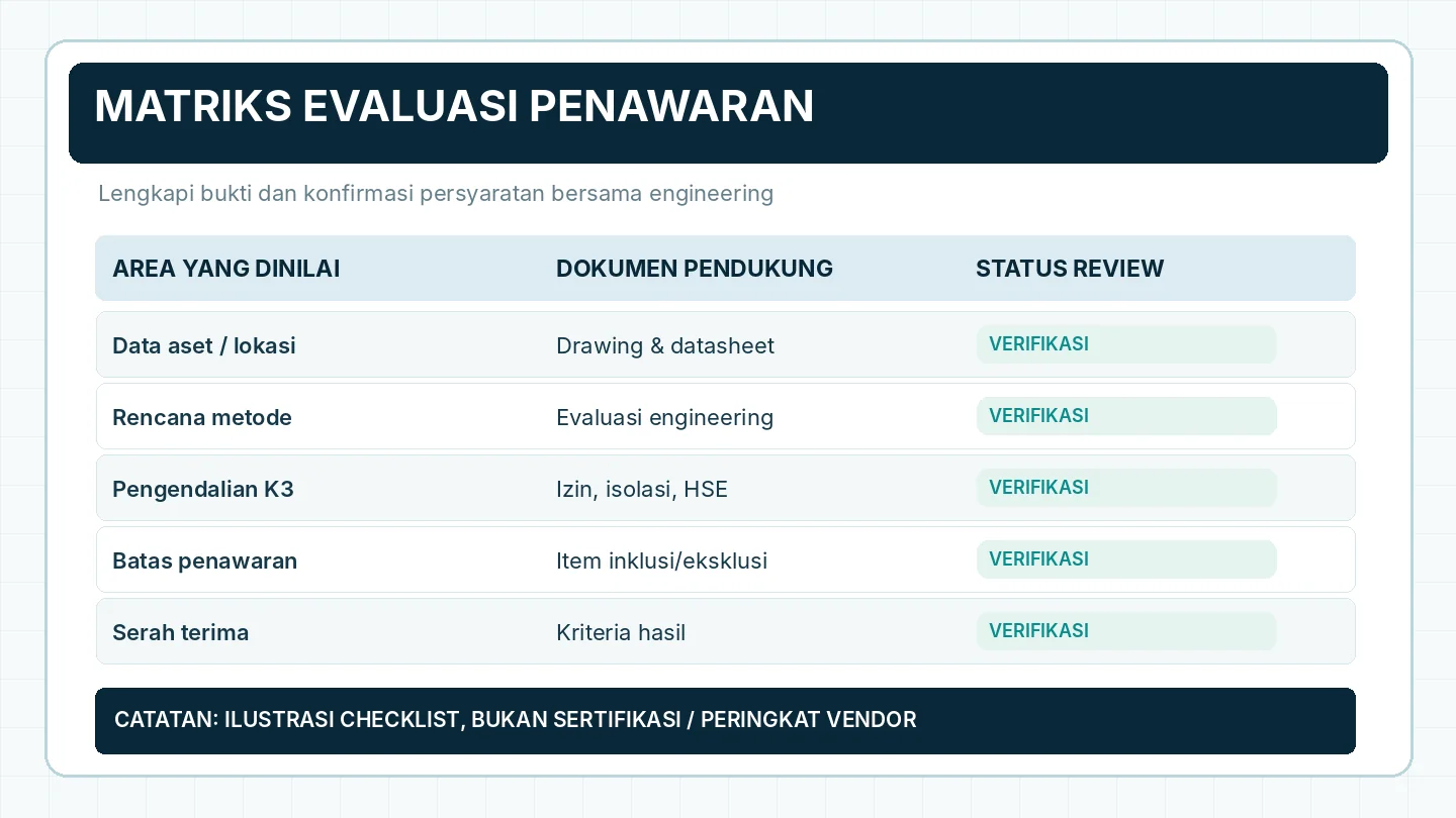 Matriks edukasi evaluasi penyedia jasa hot tapping berdasarkan kebutuhan aset, engineering, K3, penawaran dan serah terima