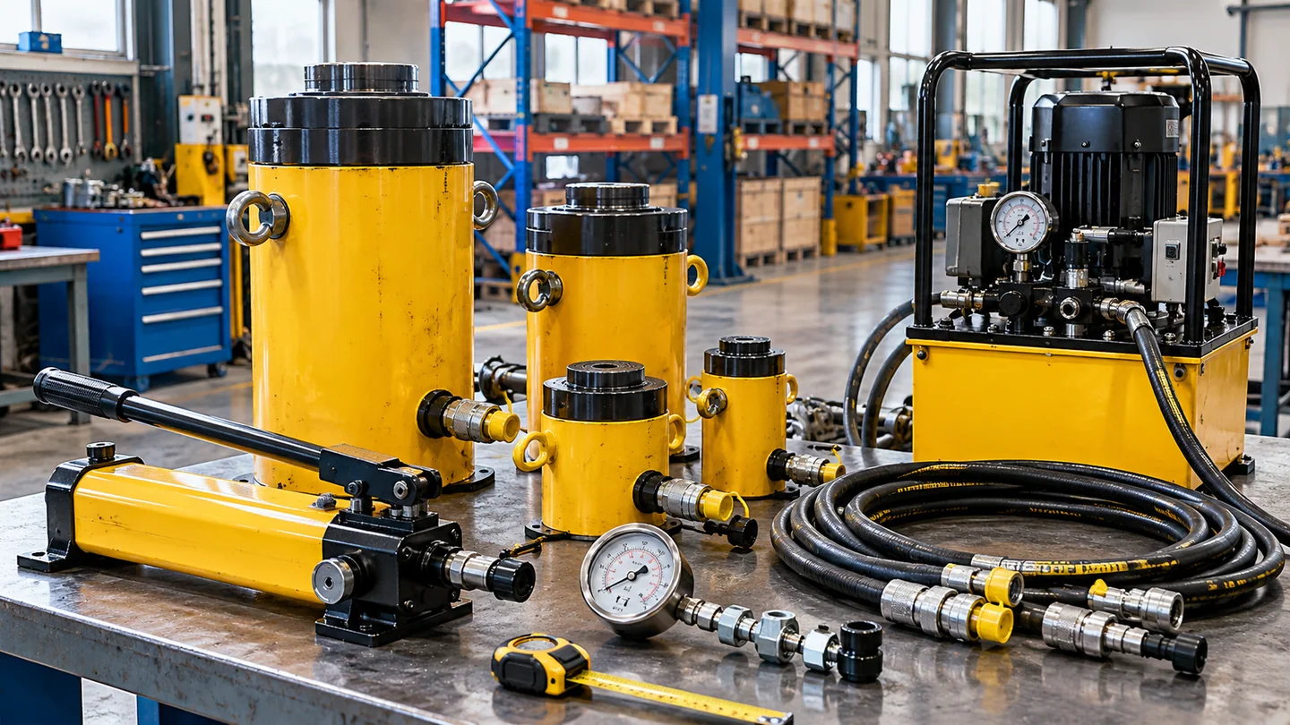 Ilustrasi generik komponen hydraulic jack industri, power pack, hose dan instrumentasi untuk evaluasi rental peralatan