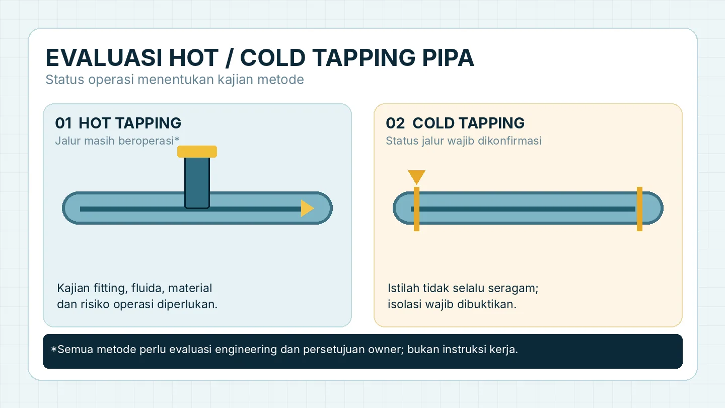 Diagram edukatif yang membedakan kajian hot tapping pada jalur aktif dan cold tapping yang membutuhkan verifikasi status sistem